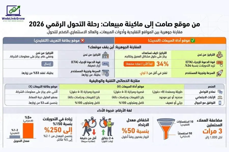 مقارنة بصرية بين تحويل الموقع الإلكتروني إلى أداة مبيعات فعالة وموقع بطاقة تعريف تقليدية مع إحصائيات التحويل