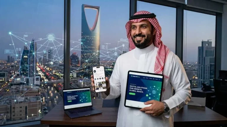 "رجل أعمال سعودي بالثوب والغترة يقارن بين انستغرام والموقع الإلكتروني للمنشآت في السعودية - ويب لينك جرو لنصميم المواقع الإلكترونية